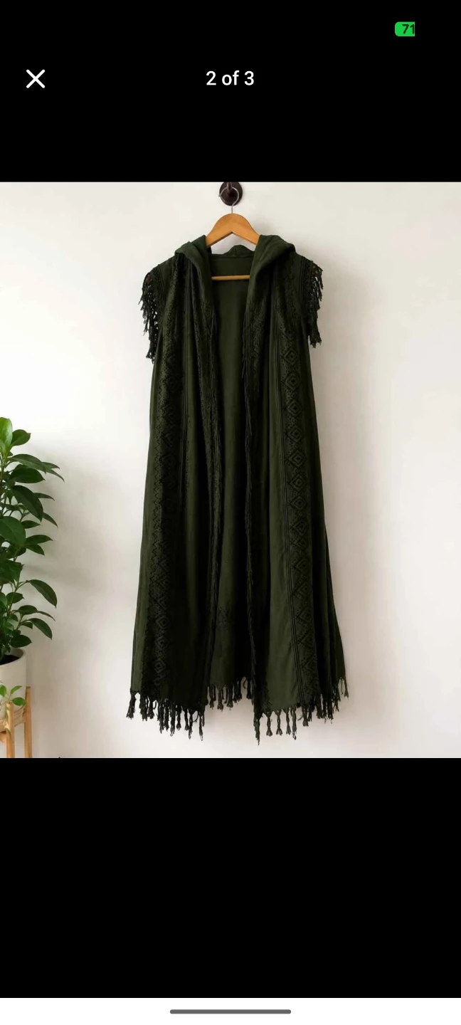 Olive Green Organic cotton Boho Hooded Fringe Shrug / Duster - photo 2