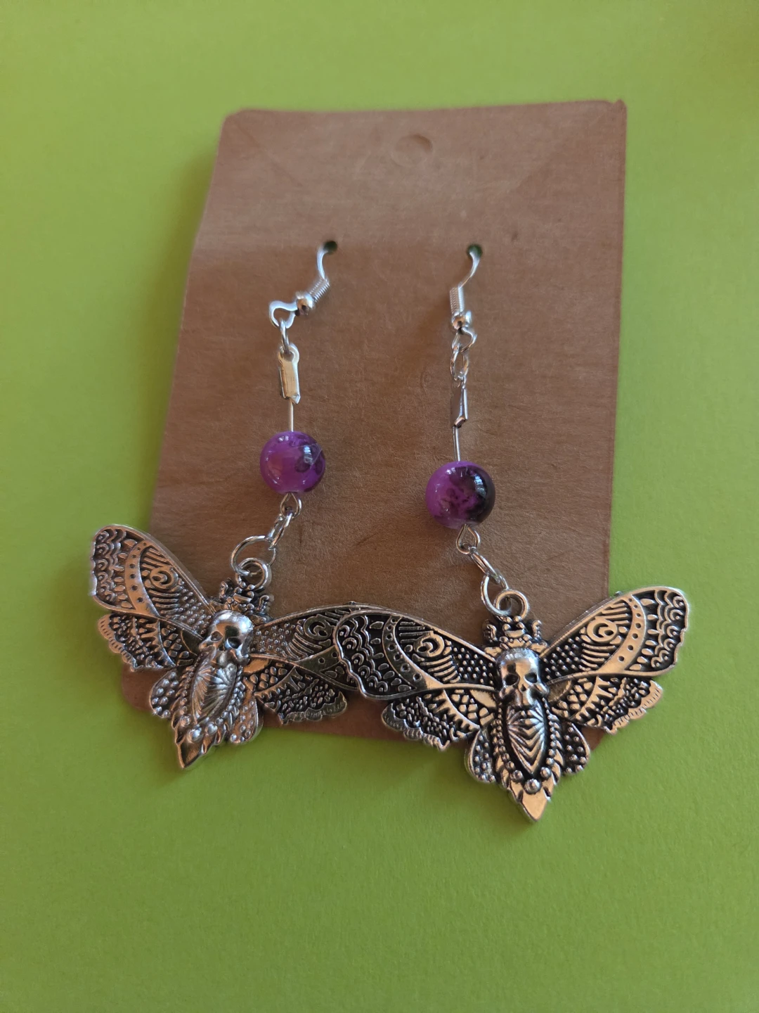 Death Moth Earrings with Purple Beads