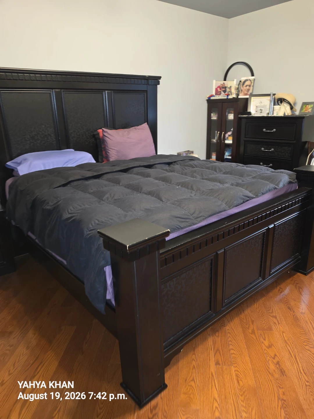 Bed frame with Black Nightstand and 2 Drawers