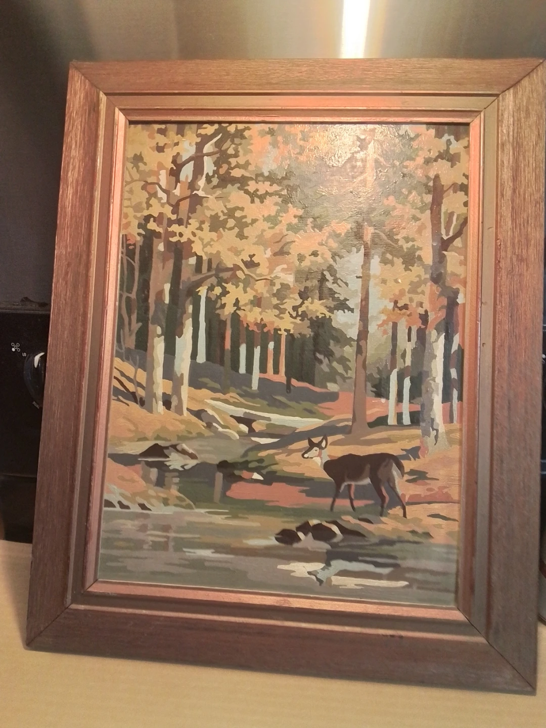 Vintage 1950s Paint by Number Deer Forest Stream Painting Framed