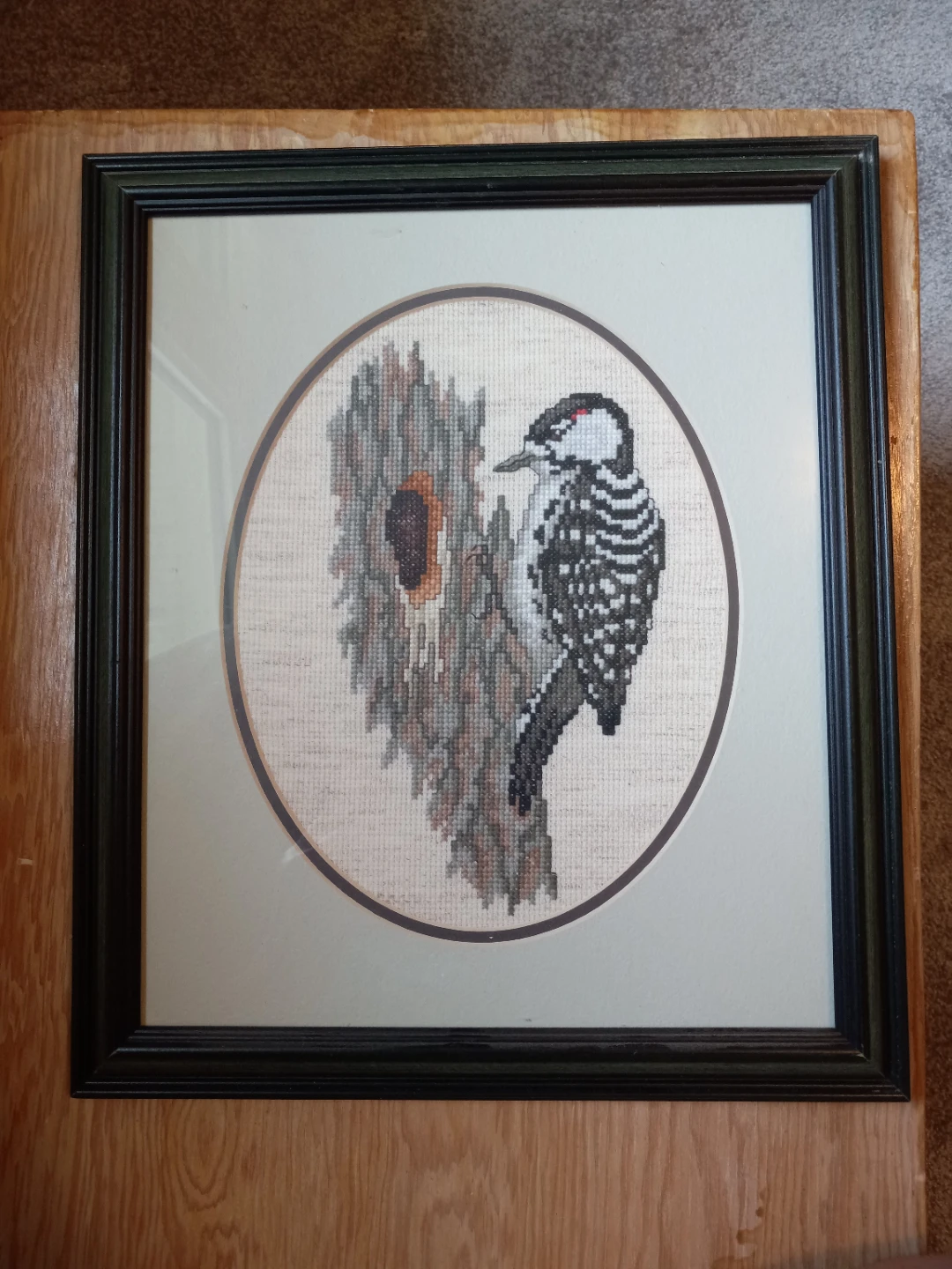 Cross stitch woodpecker framed wall hanging