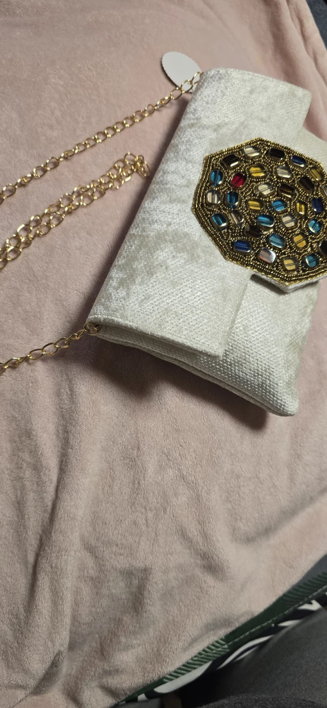 White Embellished Clutch with Gold Chain