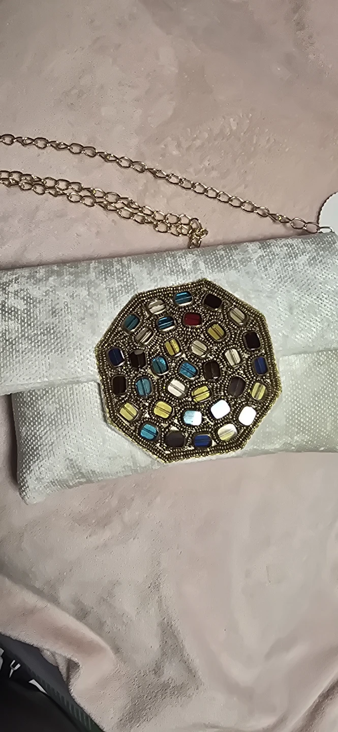White Embellished Clutch with Gold Chain - photo 3