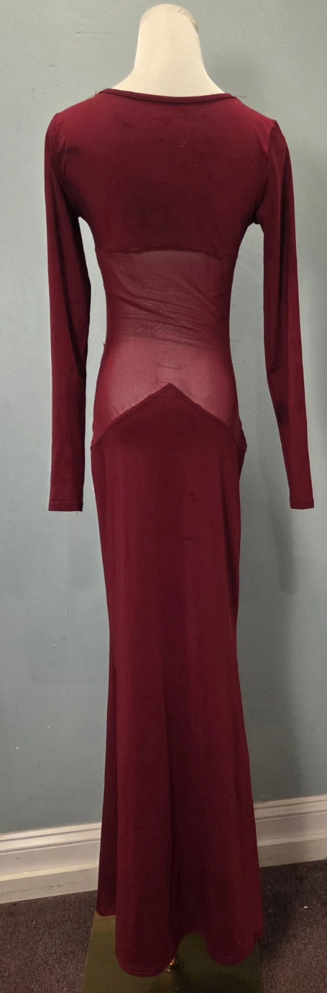Women's Red Long Sleeve Ruched Sheer Panel Gown
