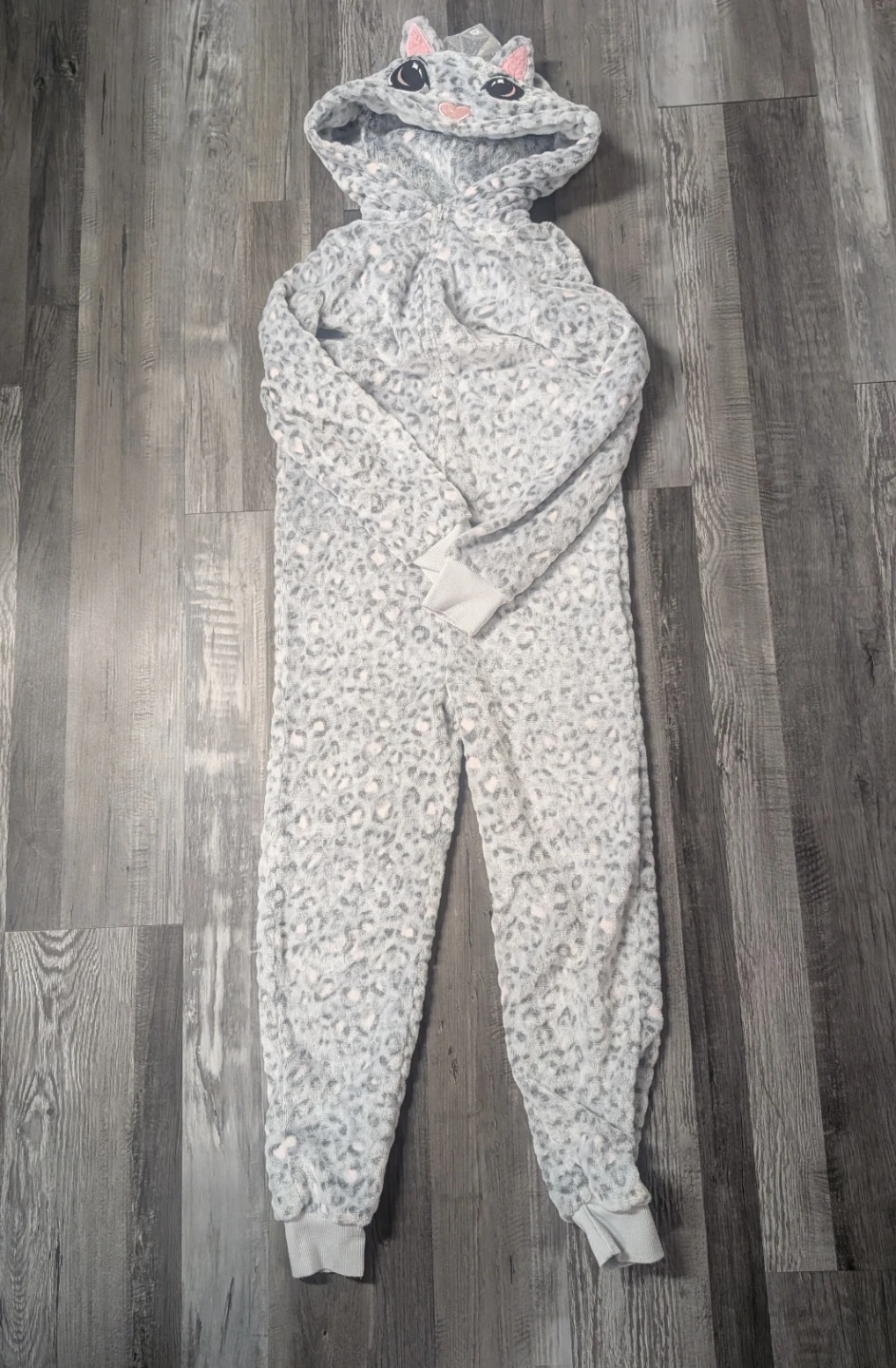 Girls Halloween Grey Leopard Cat Fleece Hooded Onesie