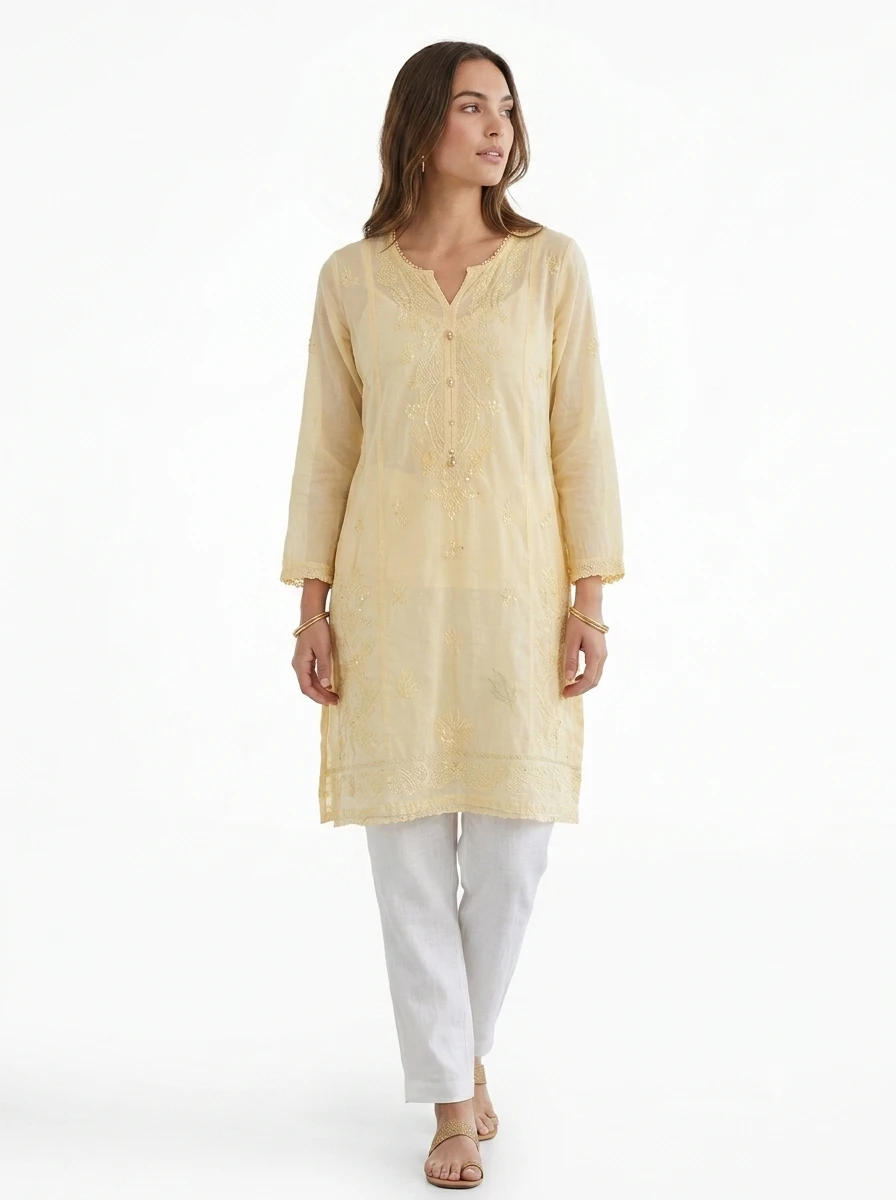 Lemon Yellow Embroidered Kurti