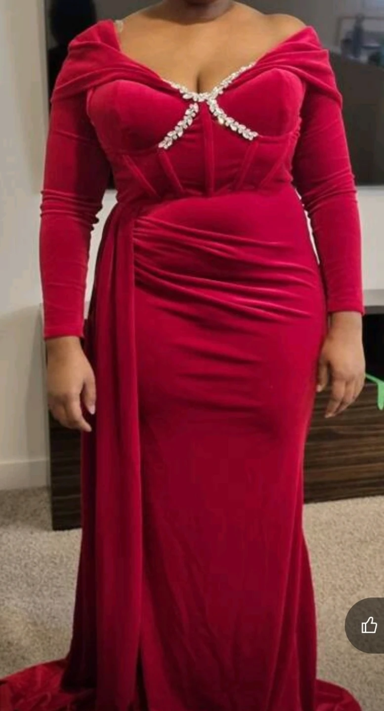 Red Velvet Off-the-Shoulder Gown with Rhinestone Embellishment - photo 2