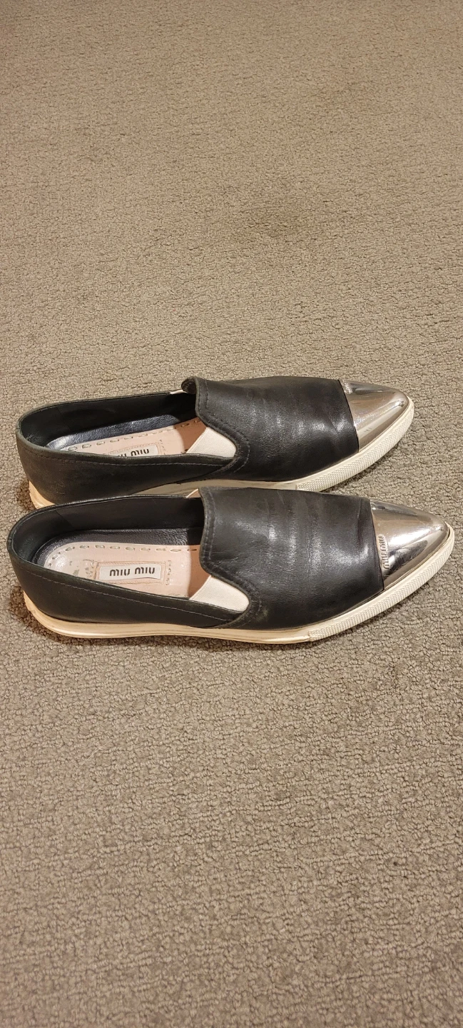 Miu Miu Black Leather Silver Cap Toe Slip-On Shoes