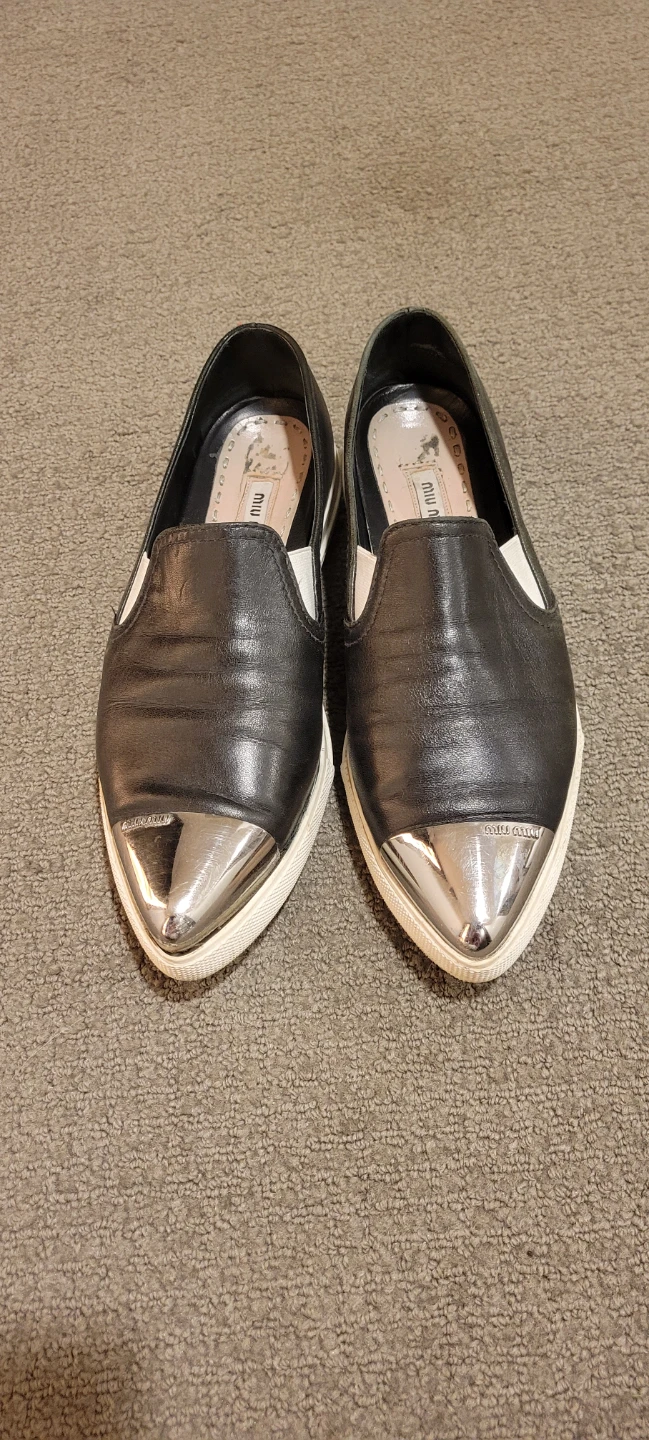 Miu Miu Black Leather Silver Cap Toe Slip-On Shoes - photo 2