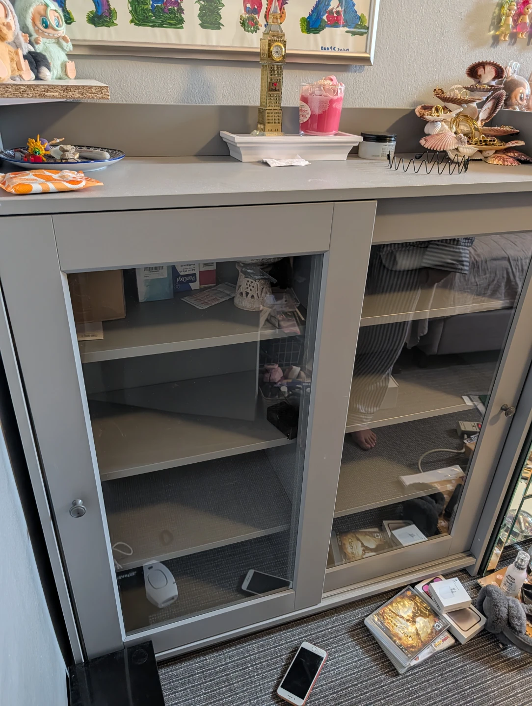 Grey Storage Cabinet with Glass Doors