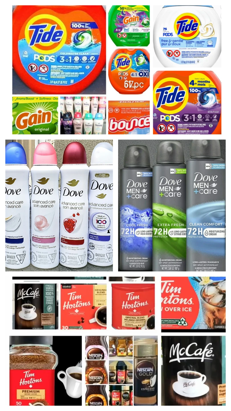 Dove deodorant, coffee, laundry products