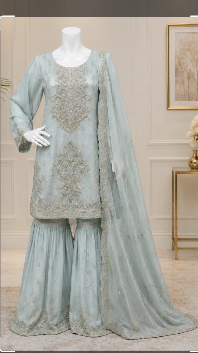 Embroidered Light Blue Gharara Suit with Dupatta