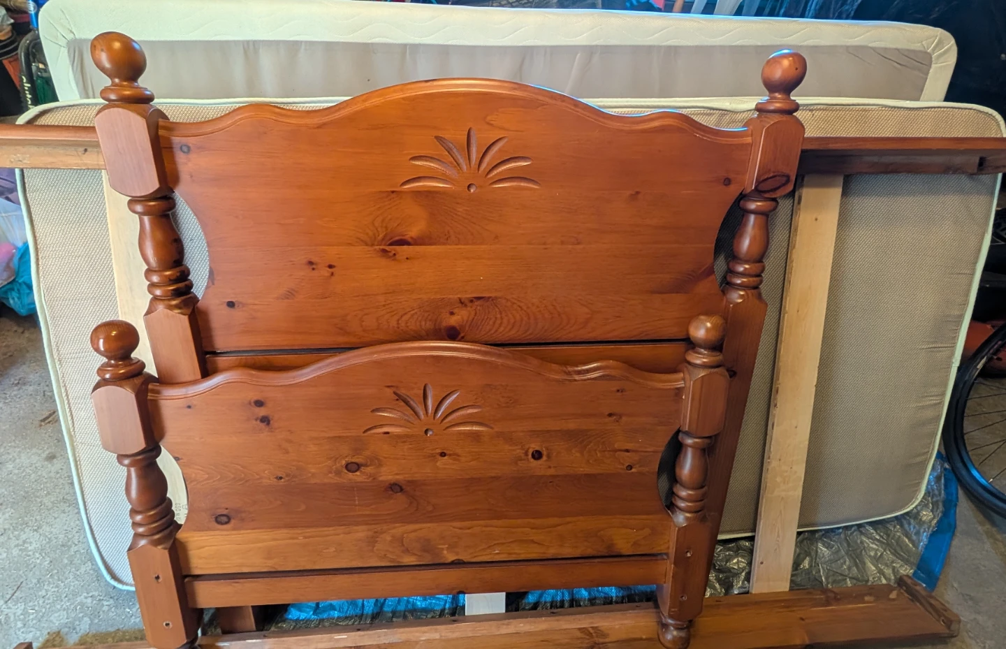 Solid wood twin bed with mattress and boxspring