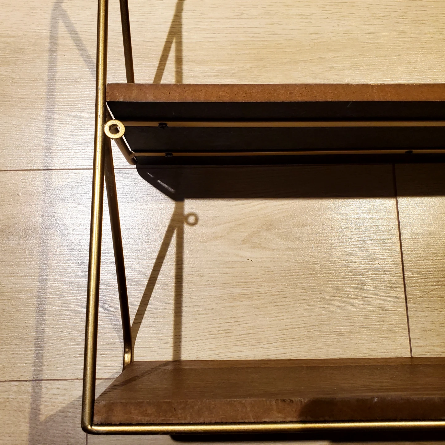 Two-Tiered Wooden Wall Shelf with Gold Metal Frame - photo 2