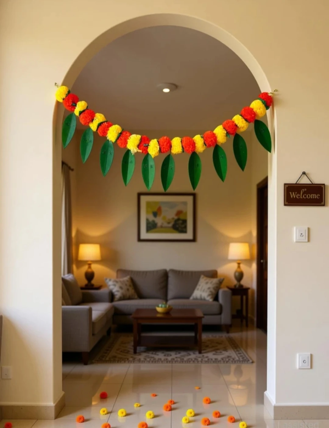 Garland Decorative Toran with Marigold Flowers and Green Leaves - photo 2