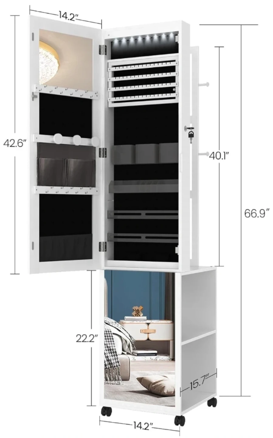 White Mirrored Jewelry Cabinet with LED Lights and Storage - photo 5