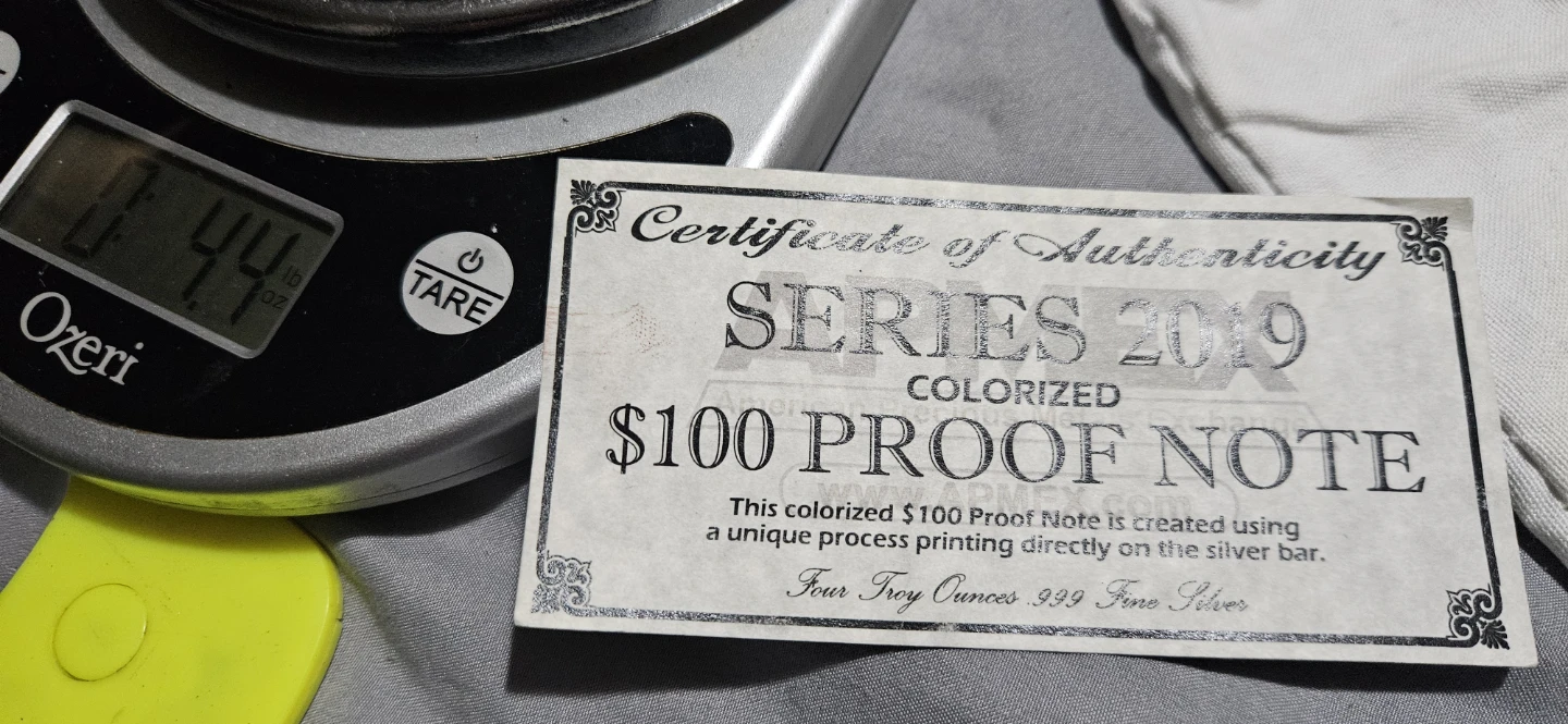 Colorized $100 Proof Note - Four Troy Ounces 999 Fine Silver