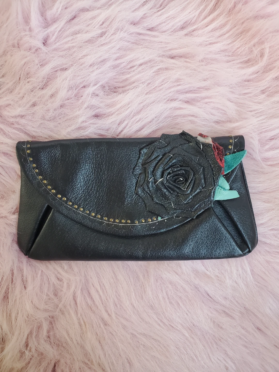 Hand crafted Leather Black Clutch with Rose Embellishment