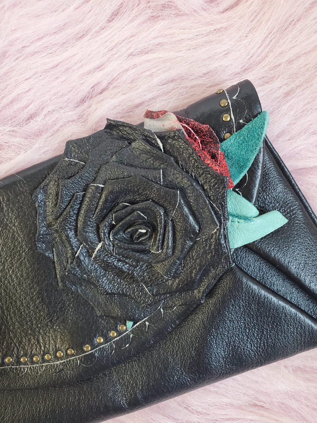 Hand crafted Leather Black Clutch with Rose Embellishment - photo 2