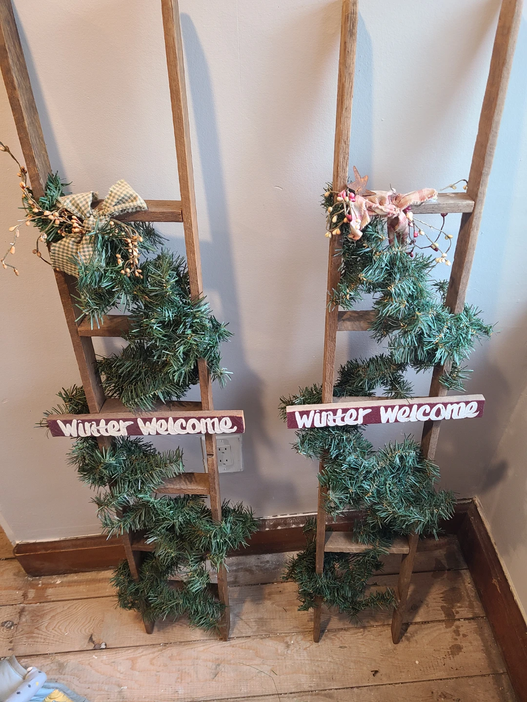 Two Winter Welcome Wooden Decorative Ladders