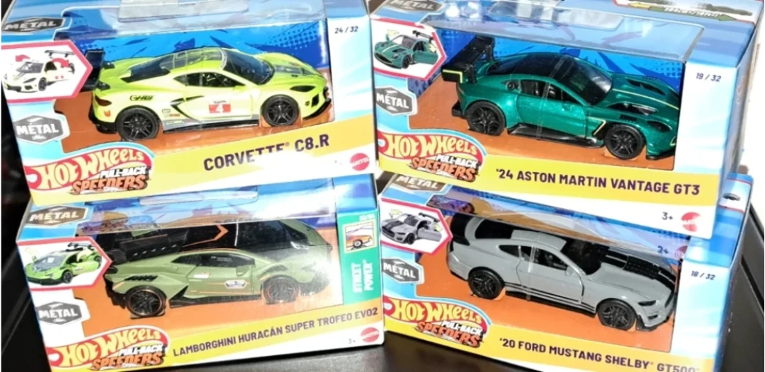 Hot Wheels Metal, Pull-Back Speeders, 4 Die-Cast Car Lot!