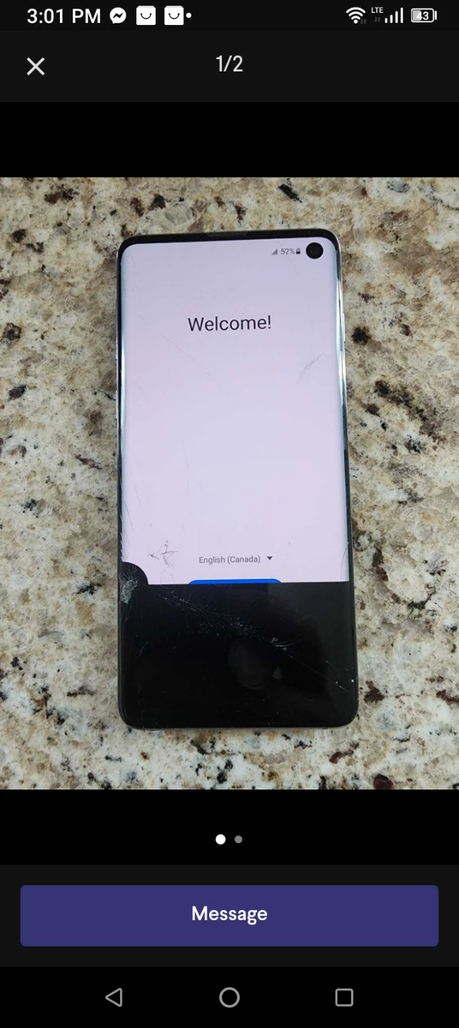 Samsung Galaxy S10 in black with cracked glass