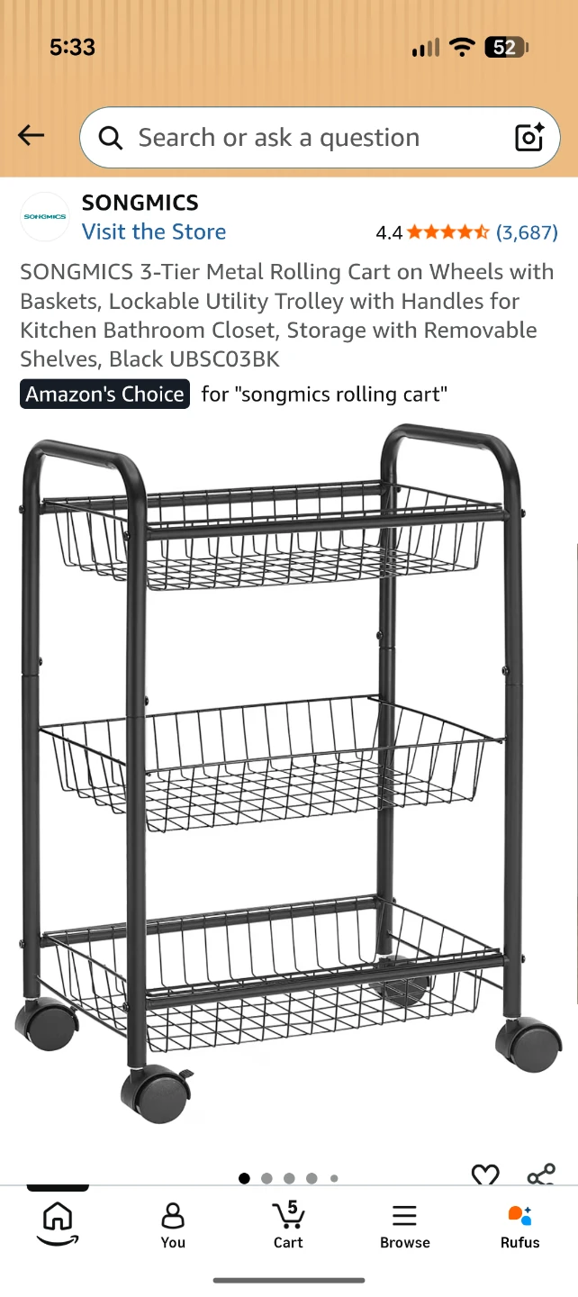 SONGMICS 3-Tier Rolling Cart Black