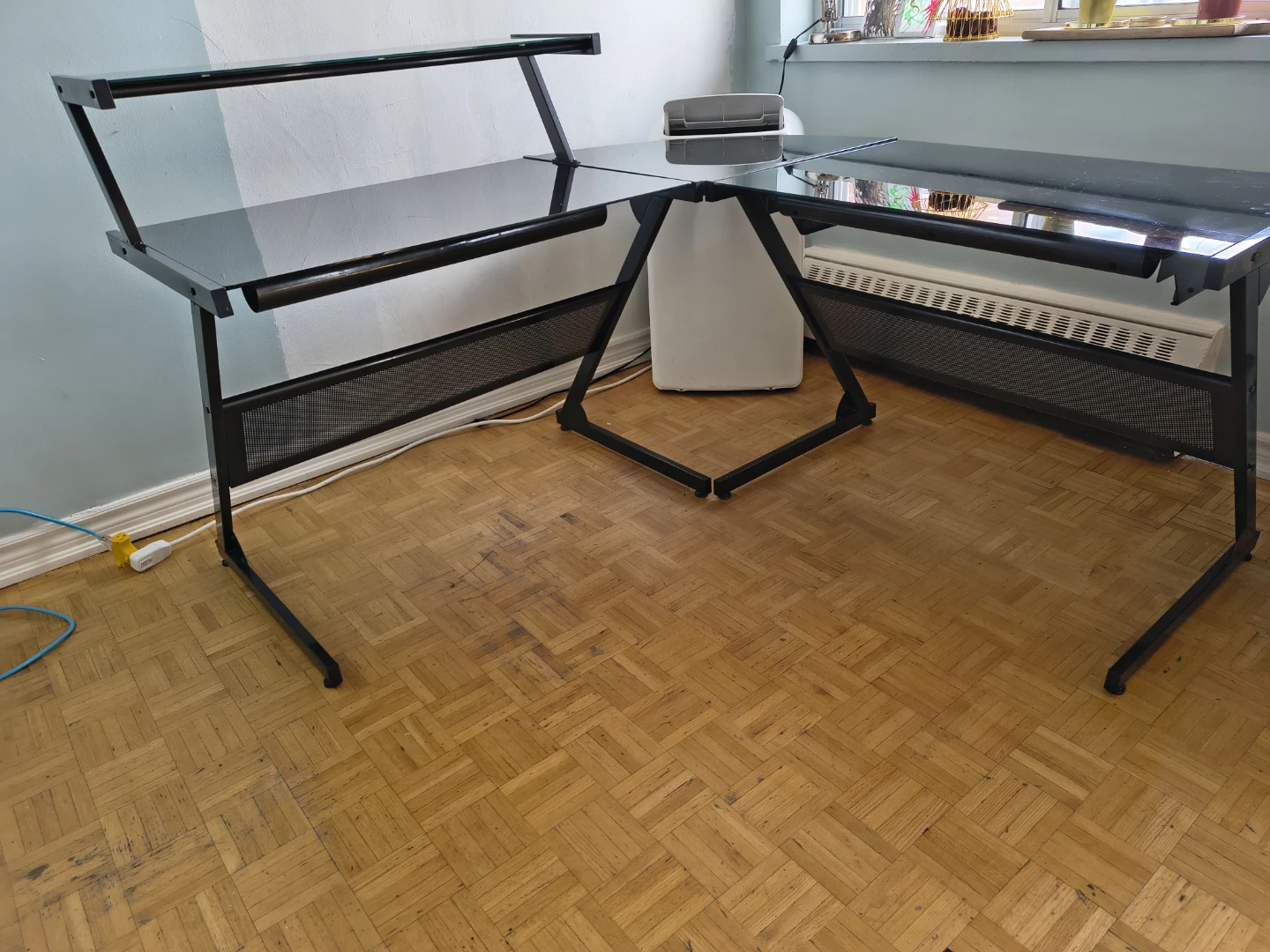 Black L-Shaped Glass Desk with Monitor Shelf