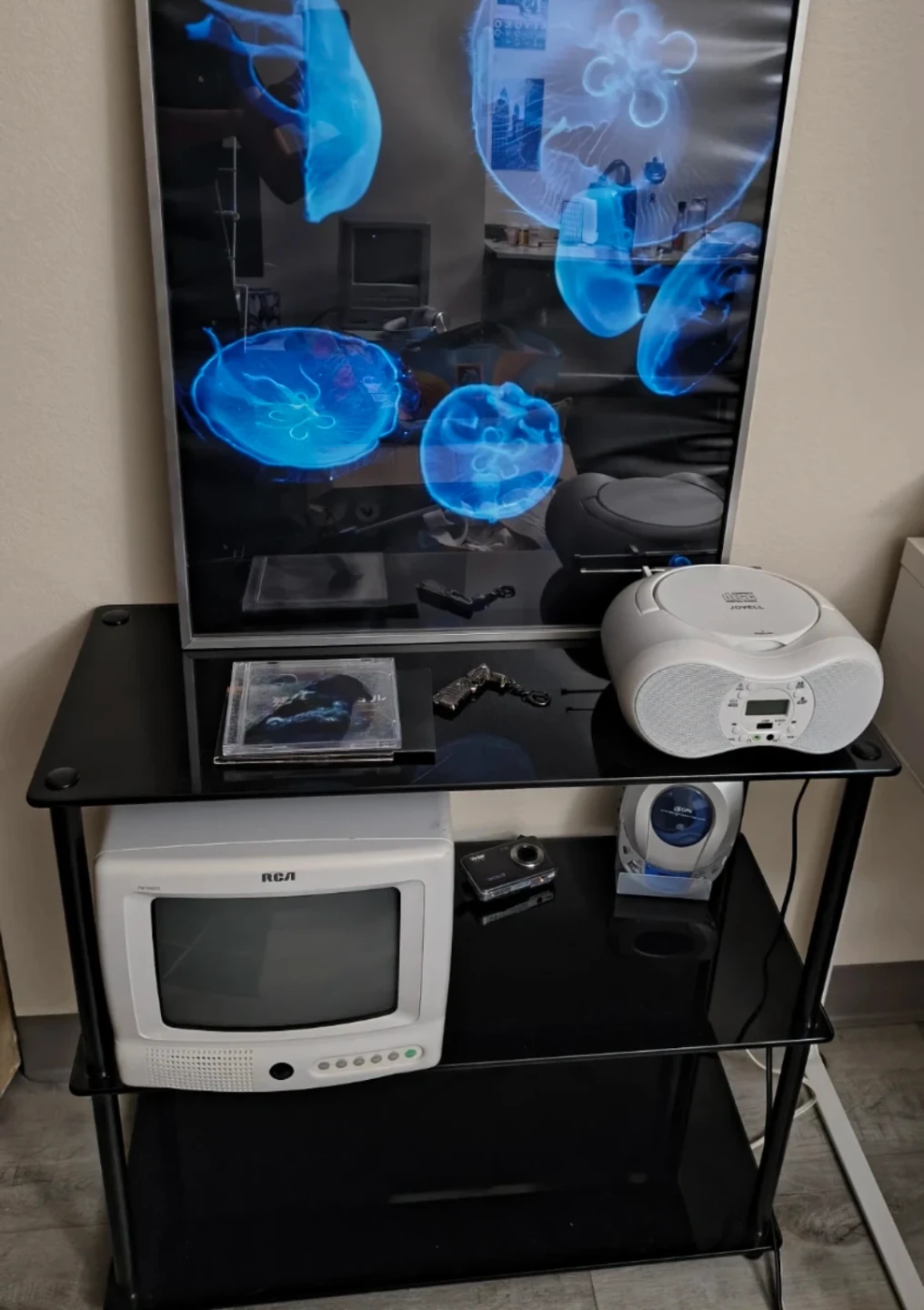 3 tier black glass media shelf