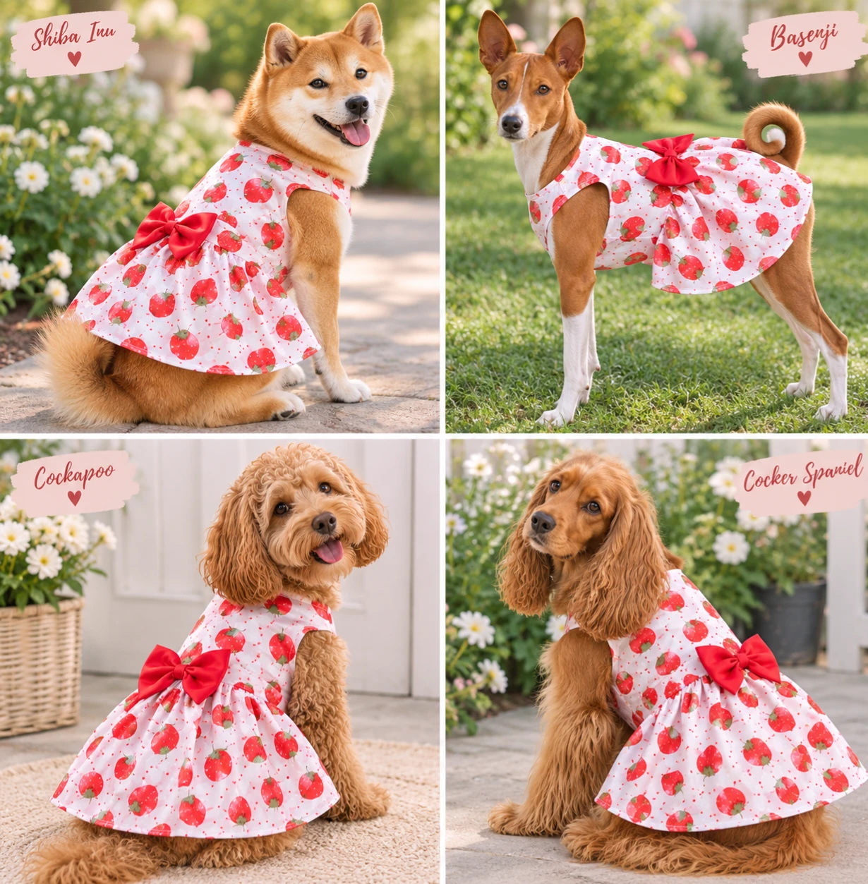 New Dog Dress with Strawberry Print and Red Bow