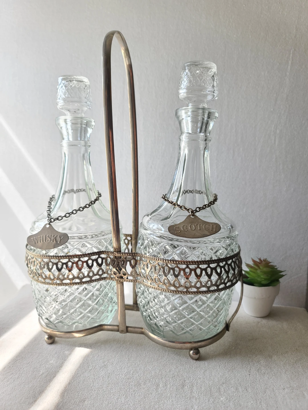 Vintage Cut-Glass Dual Decanter Set with Silver Caddy — $50