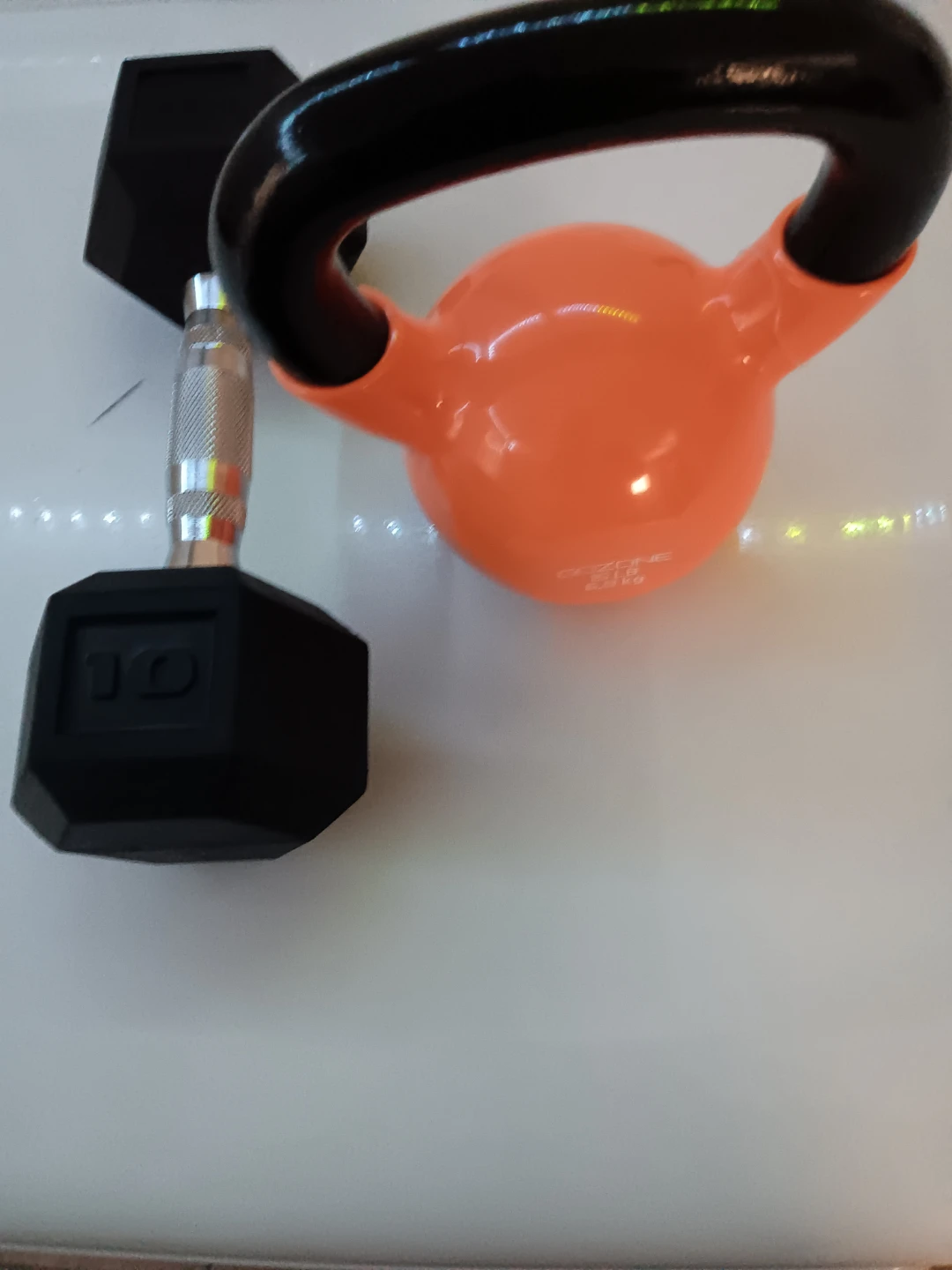 10lb Hex Dumbbell and 5lb Kettlebell