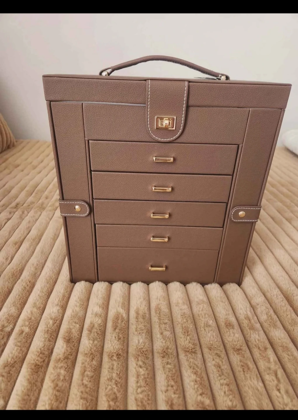 Brown Faux Leather Jewelry Box Organizer with Drawers