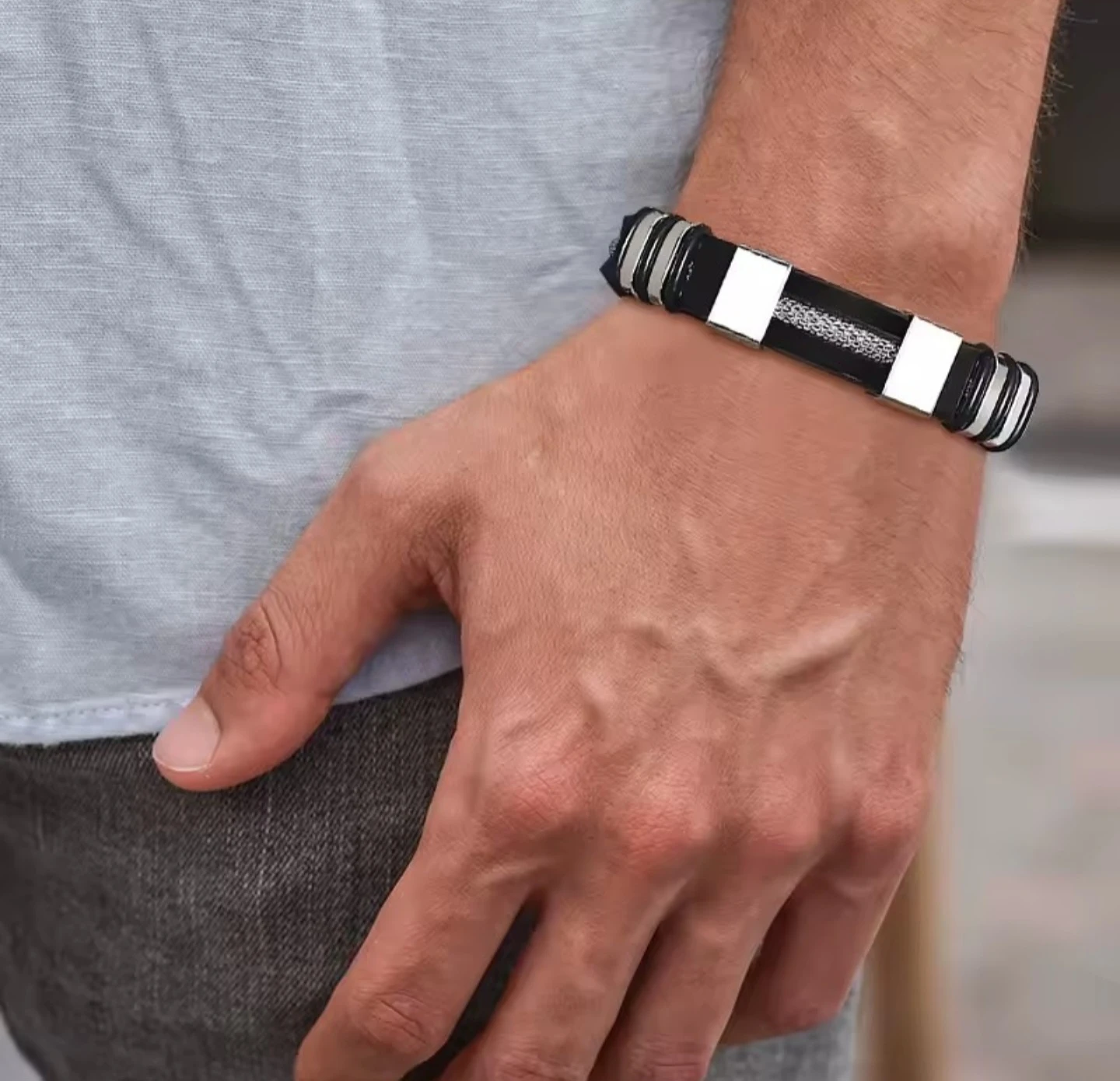 Men's Black and Silver Bracelet