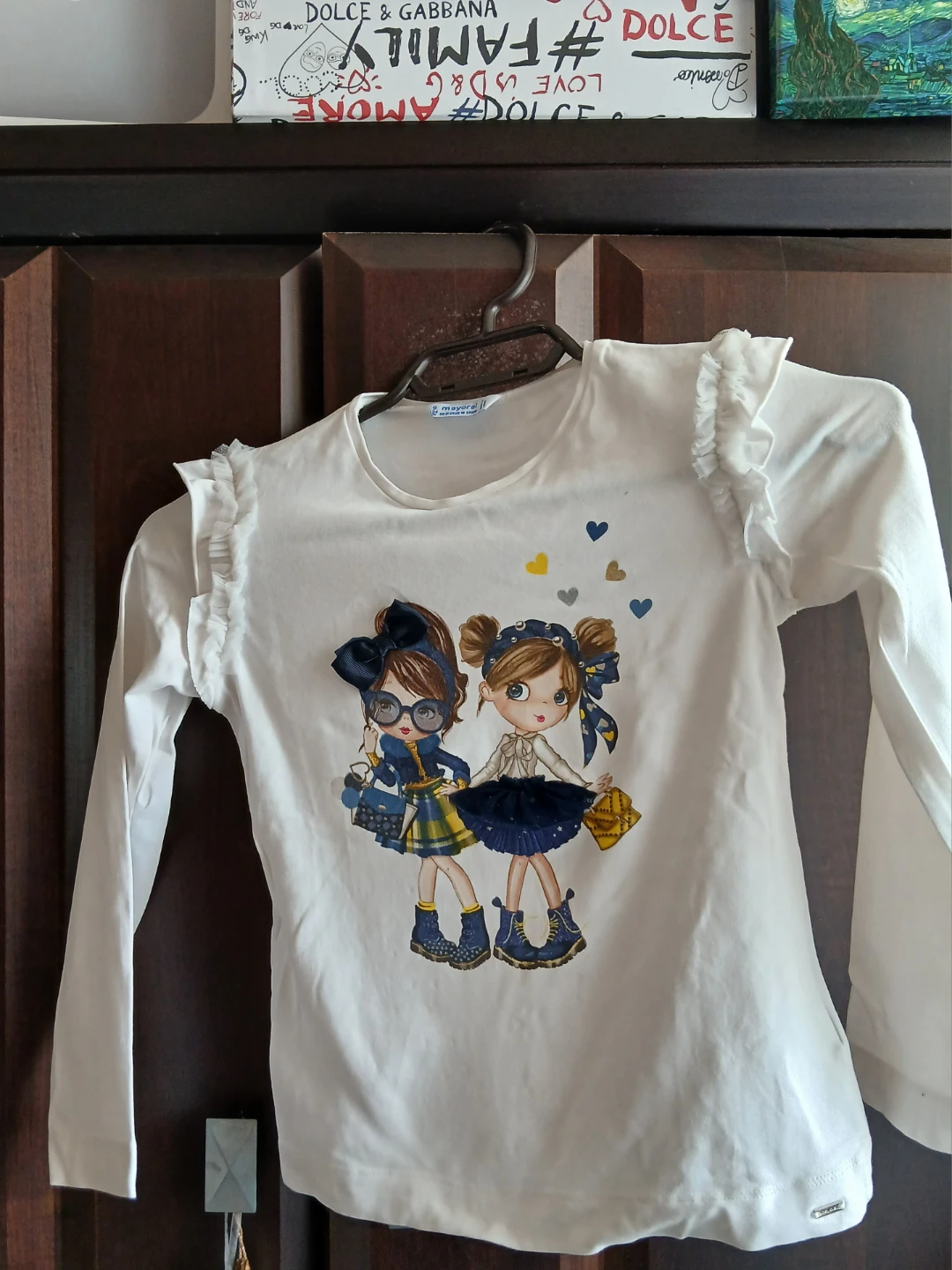 Mayoral White Long Sleeve T-shirt with Cartoon Girls Graphic
