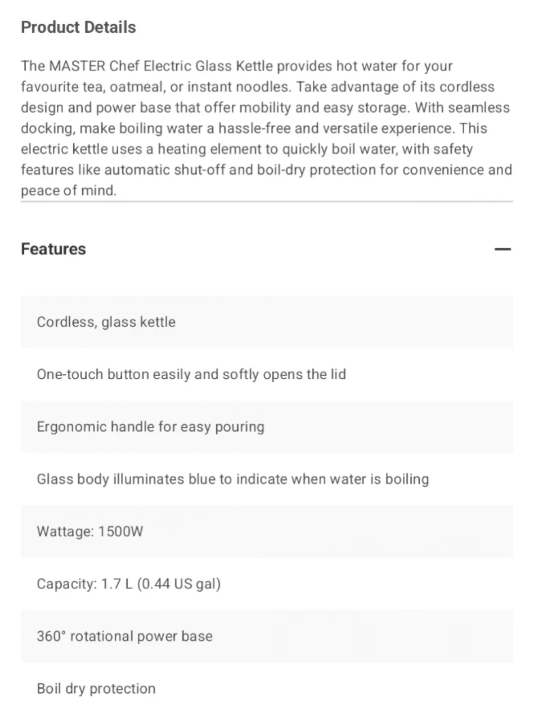 Master Chef 1.7L Cordless Glass Kettle - photo 3