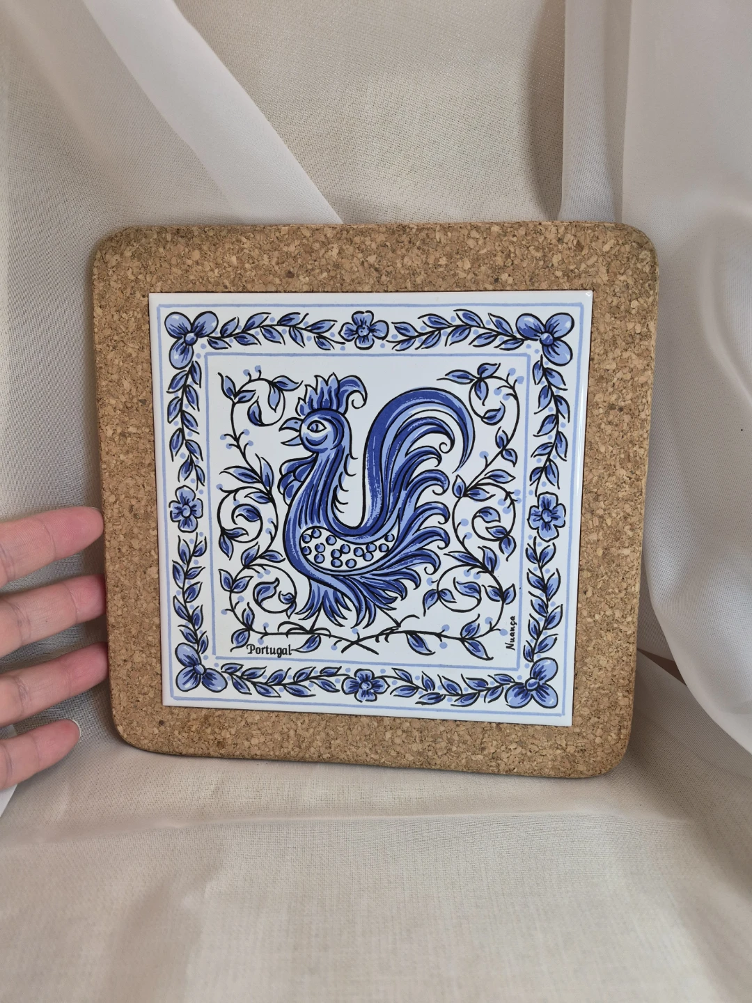 7 3/4" Square Cork Ceramic Trivet Blue Rooster- Portugal - photo 3