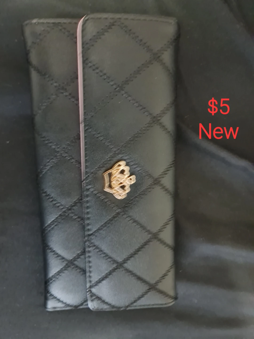 Quilted Black Wallet with Crown Emblem