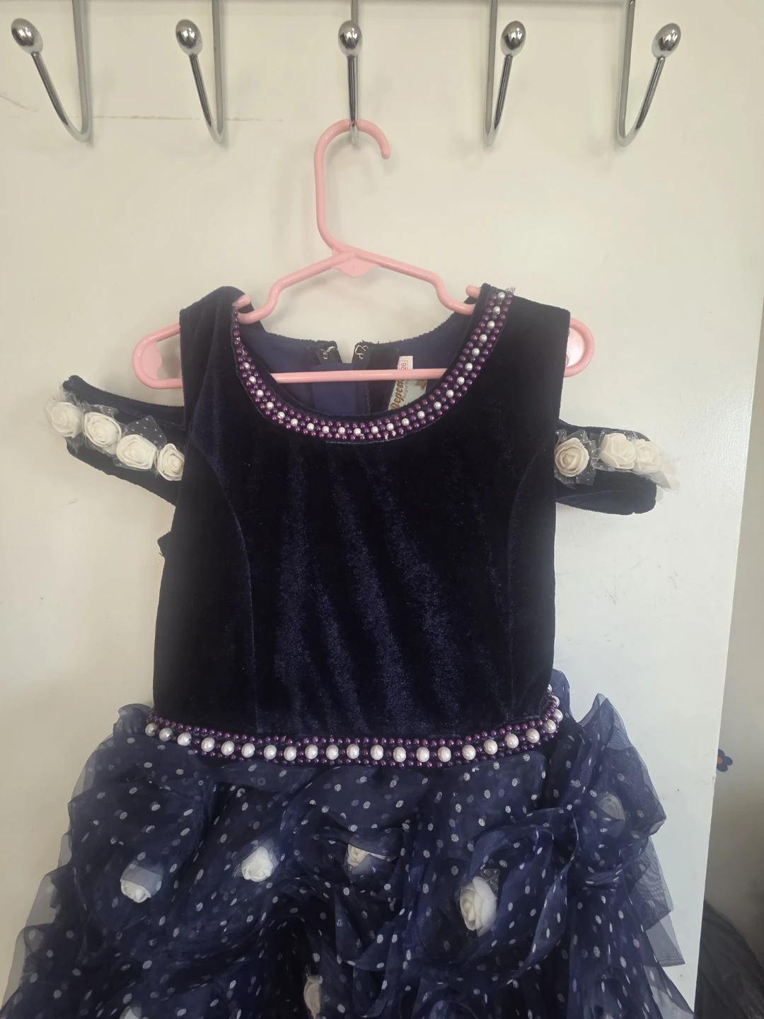 Kids Navy Blue Velvet Dress with Ruffles - photo 3