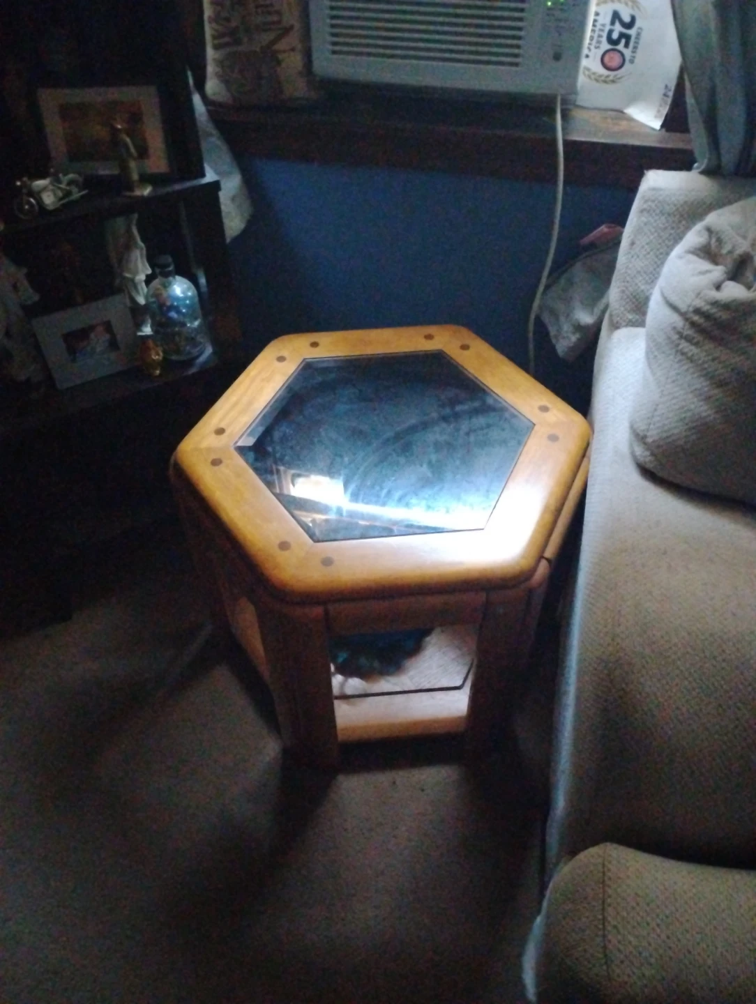 Wooden Hexagonal End Table with Glass Top