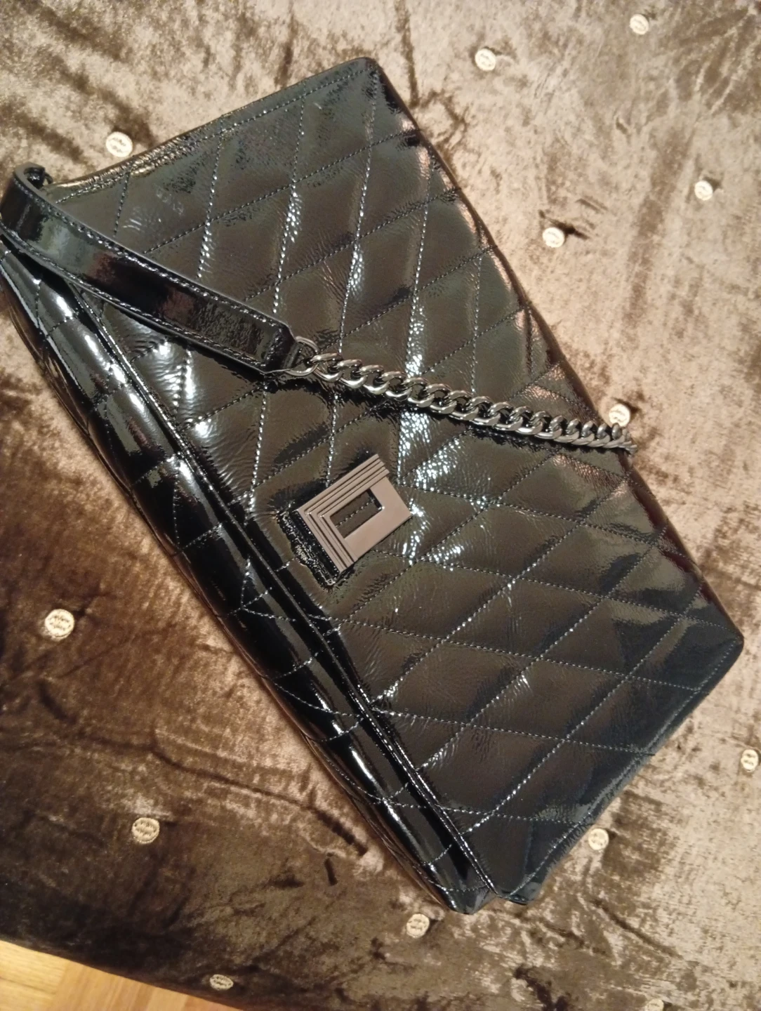 Karl Lagerfeld Black Patent Quilted Shoulder Bag with Chain - photo 3