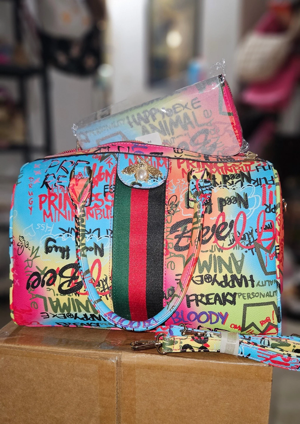 Graffiti Print Satchel Bag with Matching Pouch