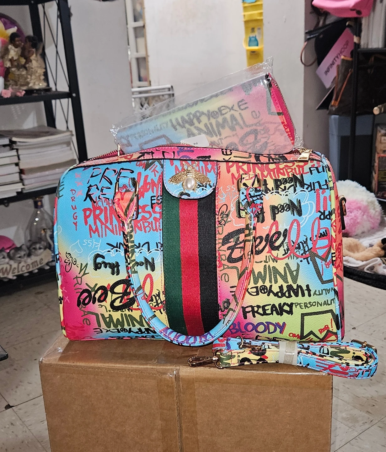 Graffiti Print Satchel Bag with Matching Pouch - photo 4