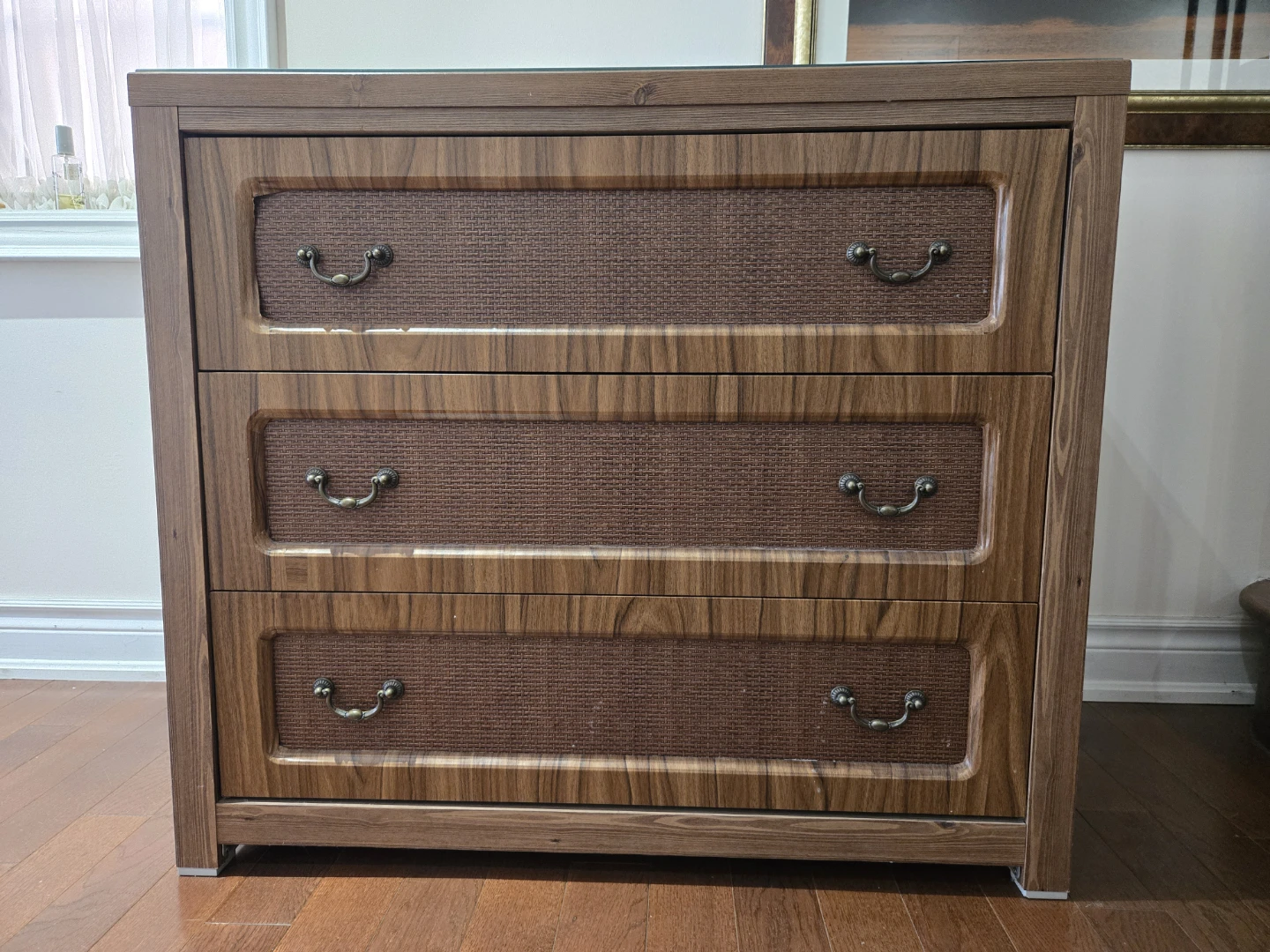 Vintage 3-Drawer Wood Dresser with Woven Fronts and Glass Top
