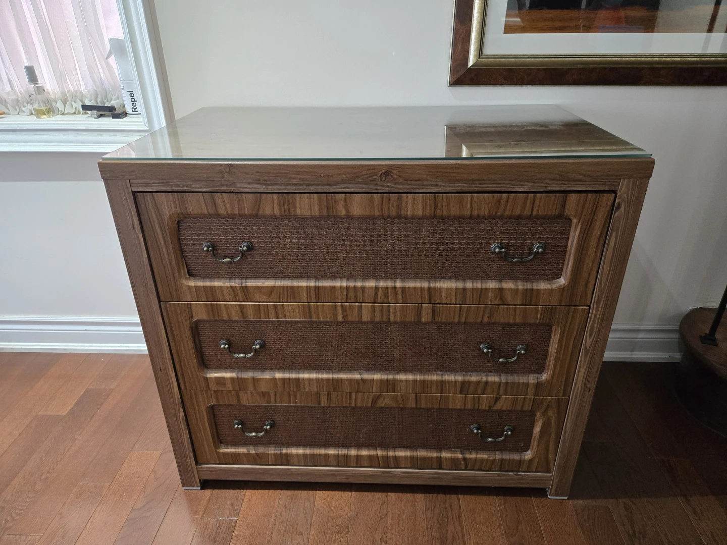Vintage 3-Drawer Wood Dresser with Woven Fronts and Glass Top - photo 2
