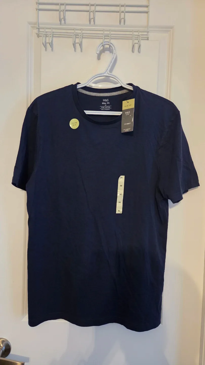 M&S Slim Fit Pure Cotton T-Shirt - Navy - Size M