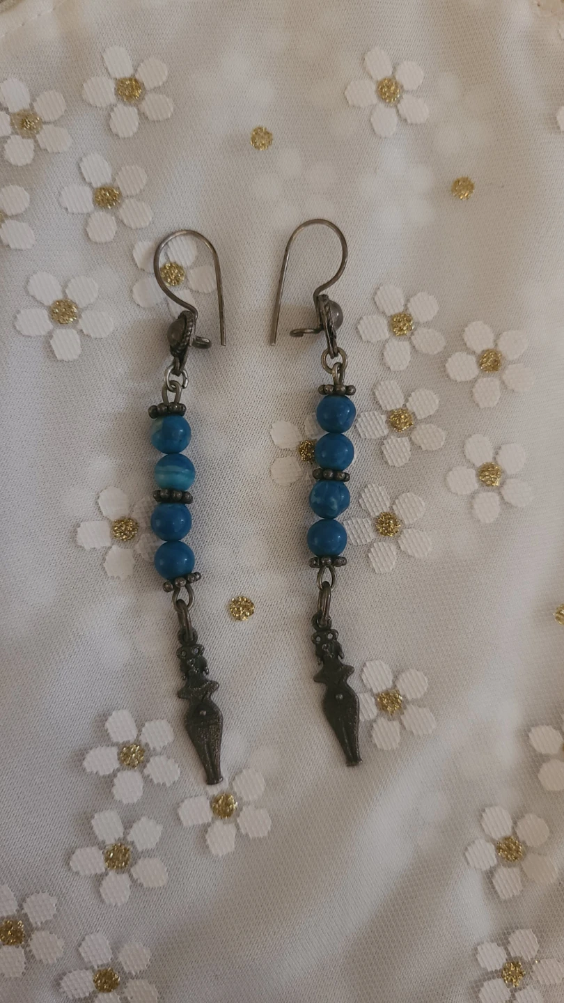 Blue Beaded Drop Earrings with Charm