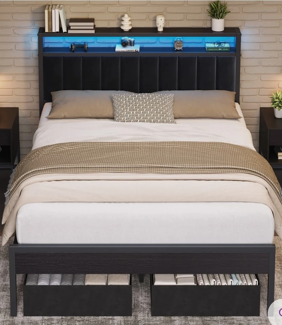 Black Metal Bed Frame with Headboard Shelving and LED Lights