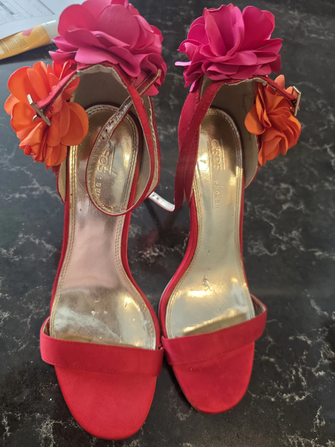 ASOS Red Satin High Heel Sandals with Floral Embellishments - photo 3