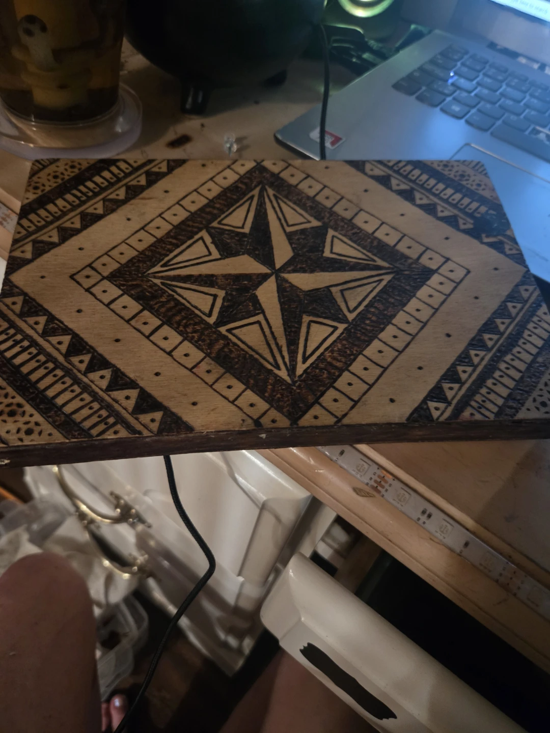 Decorative Wooden Piece with Geometric Wood Burn Design